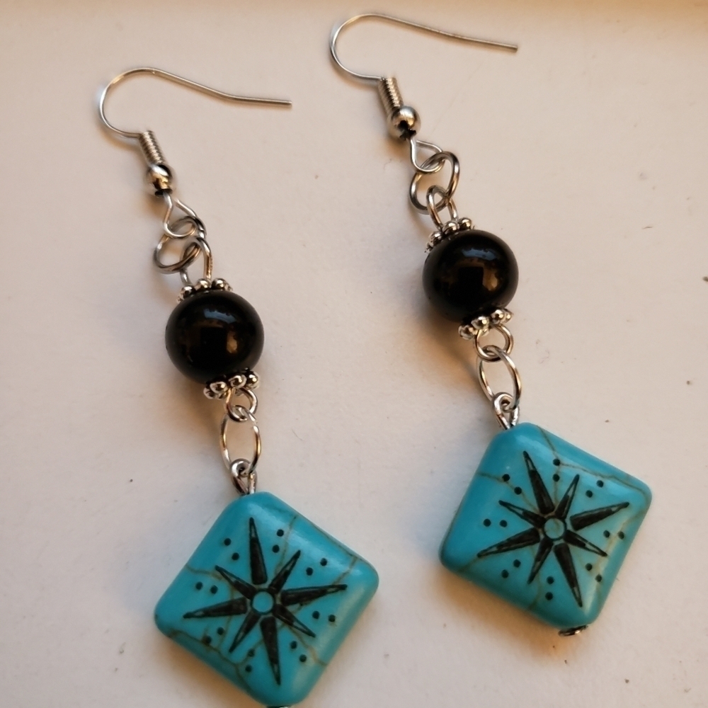 Hand Crafted Boho Star Turquoise Dangle Earrings - Picture 2 of 3